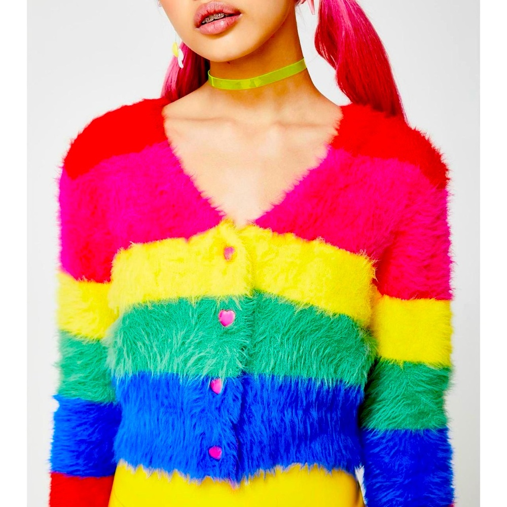 NWOT💜🎀LAZY OAF Rainbow 🌈 Fuzzy Crop Cardigan